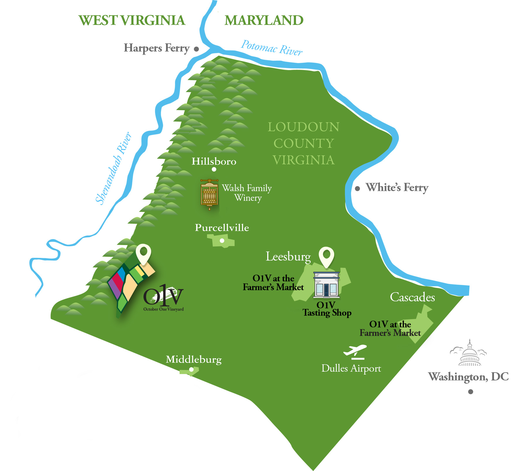 Illustrated Loudoun County Map with winery and tasting shop